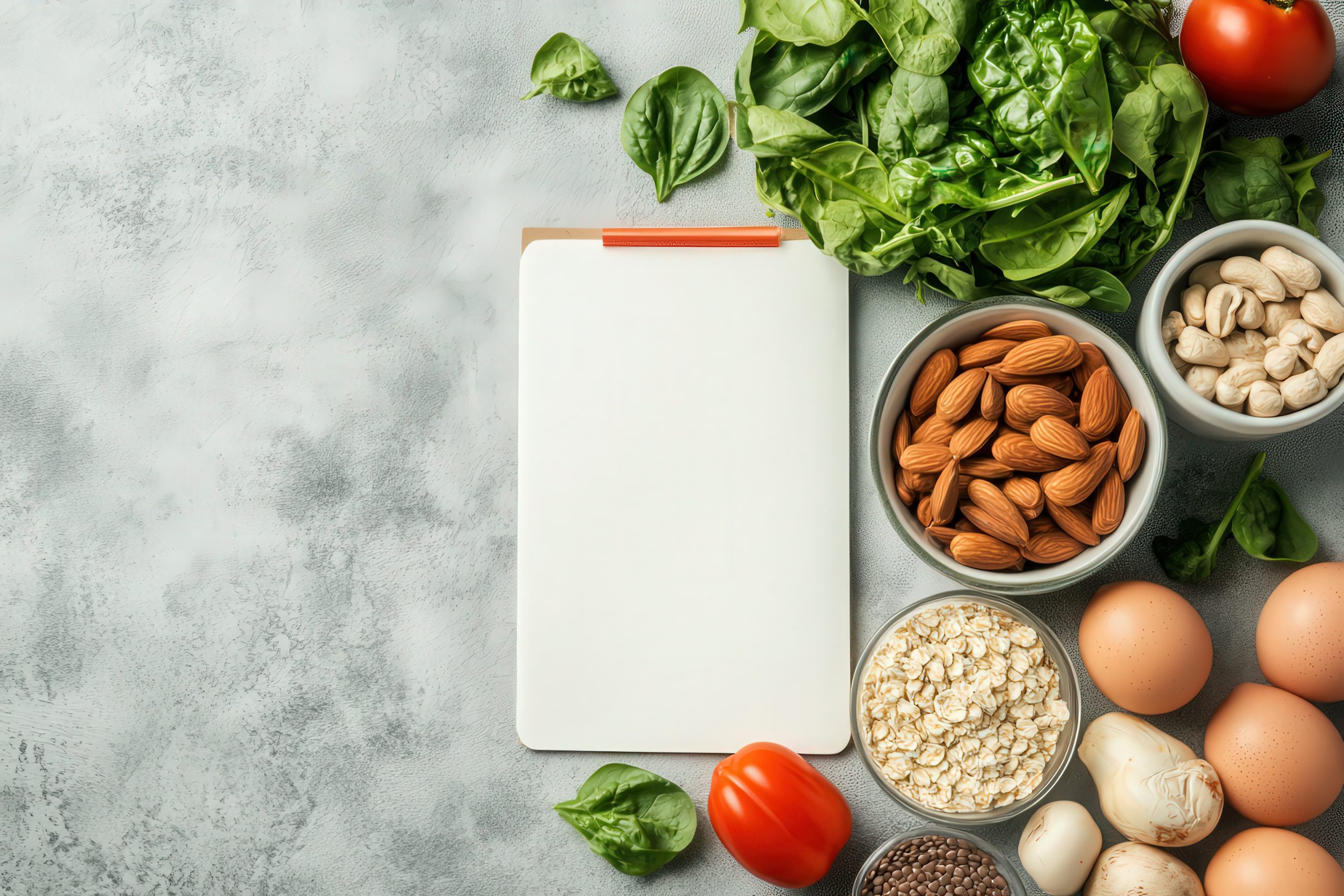 TDEEE Calculator, healthy food, nuts and greens on a kitchen counter with a journal to track calories